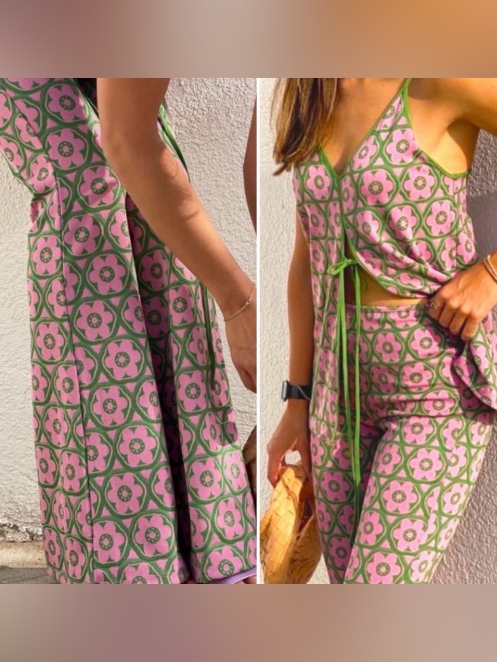 Zara Pink and Green Floral Jacquard  Flare Pants